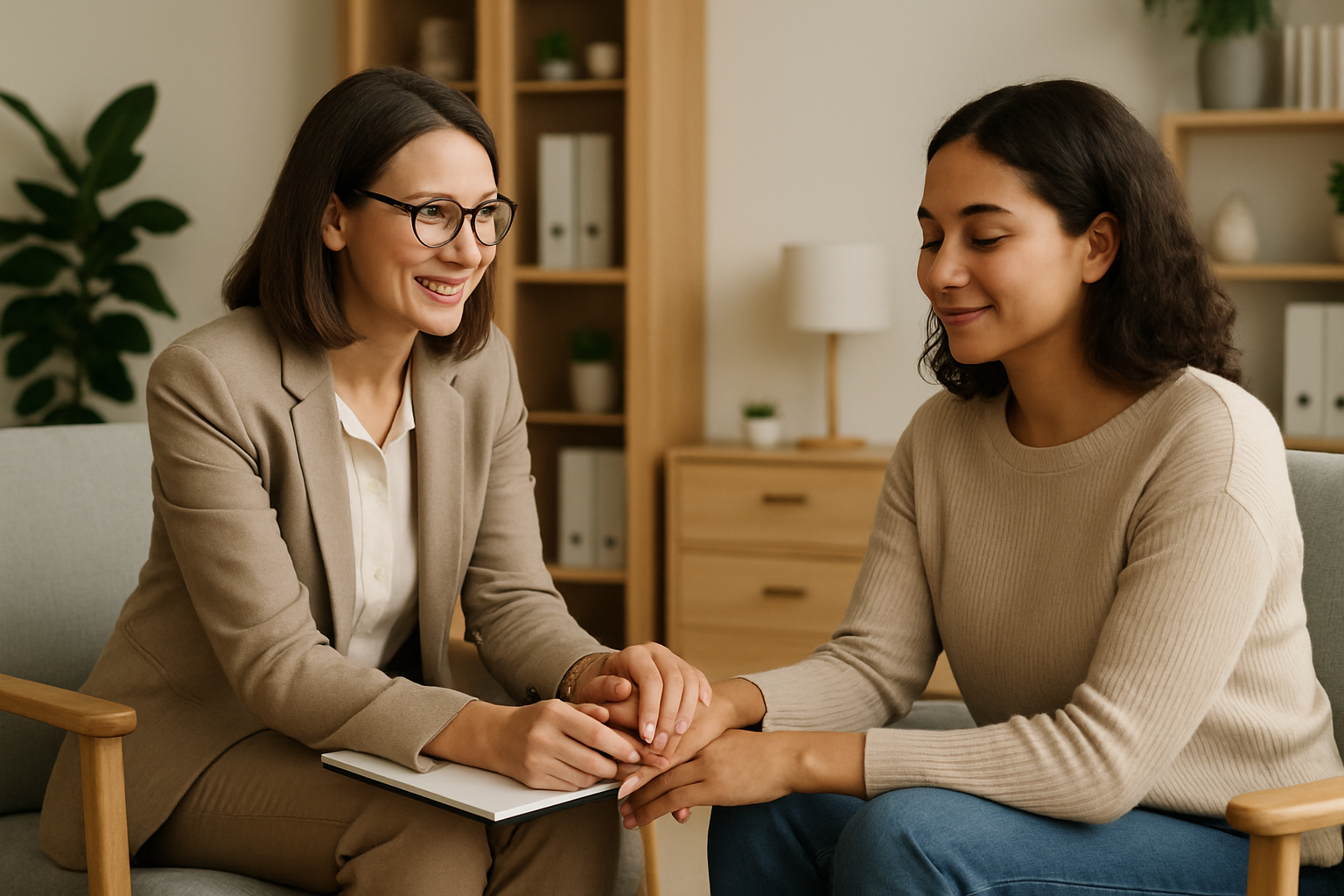 Psicóloga em consultório acolhedor conversando com paciente durante sessão de terapia