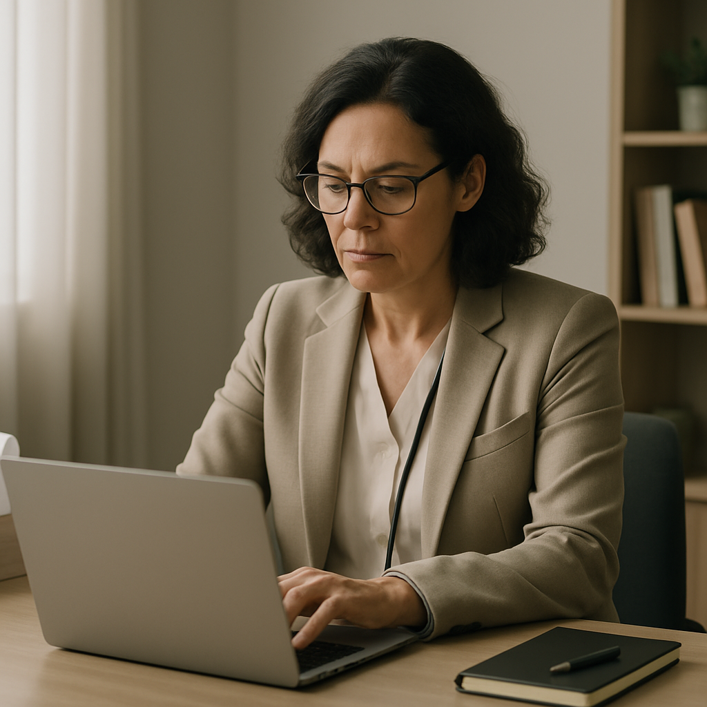 Psicólogo registrando evolução de sessão em prontuário eletrônico em notebook