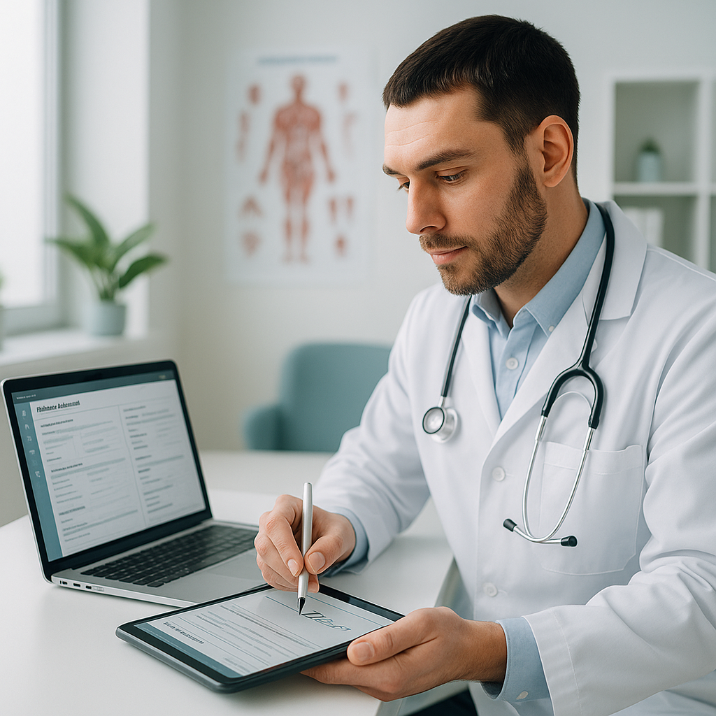 Médico usando prontuário eletrônico integrado com assinatura digital em tablet