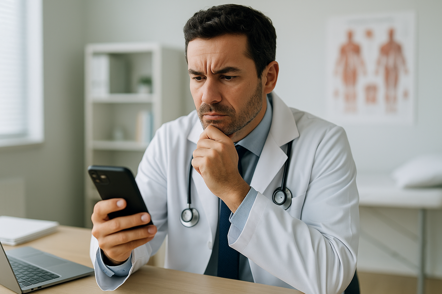 Médico desconfiado olhando mensagem no celular durante pausa no consultório