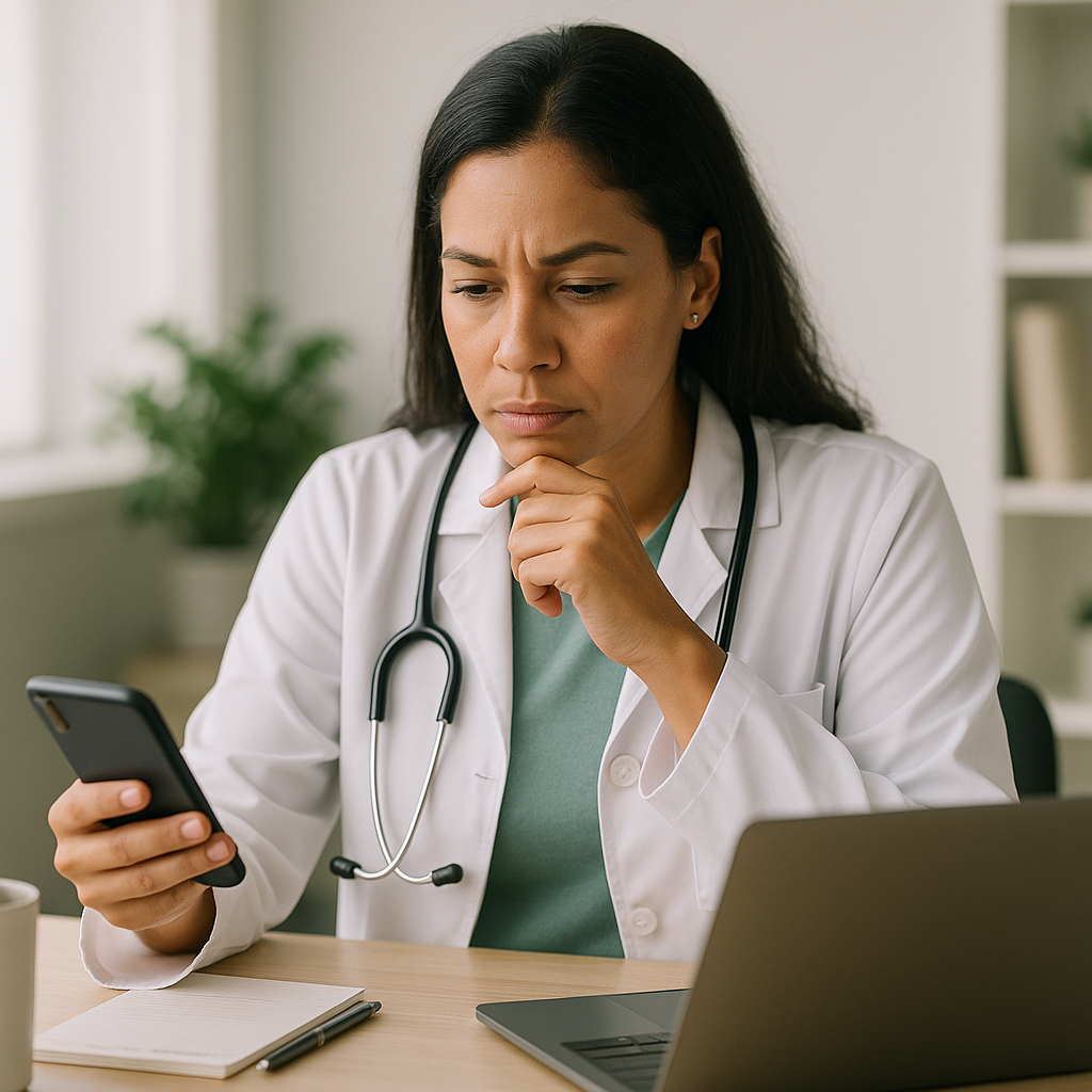 Médica conferindo situação cadastral no computador antes de responder mensagem suspeita