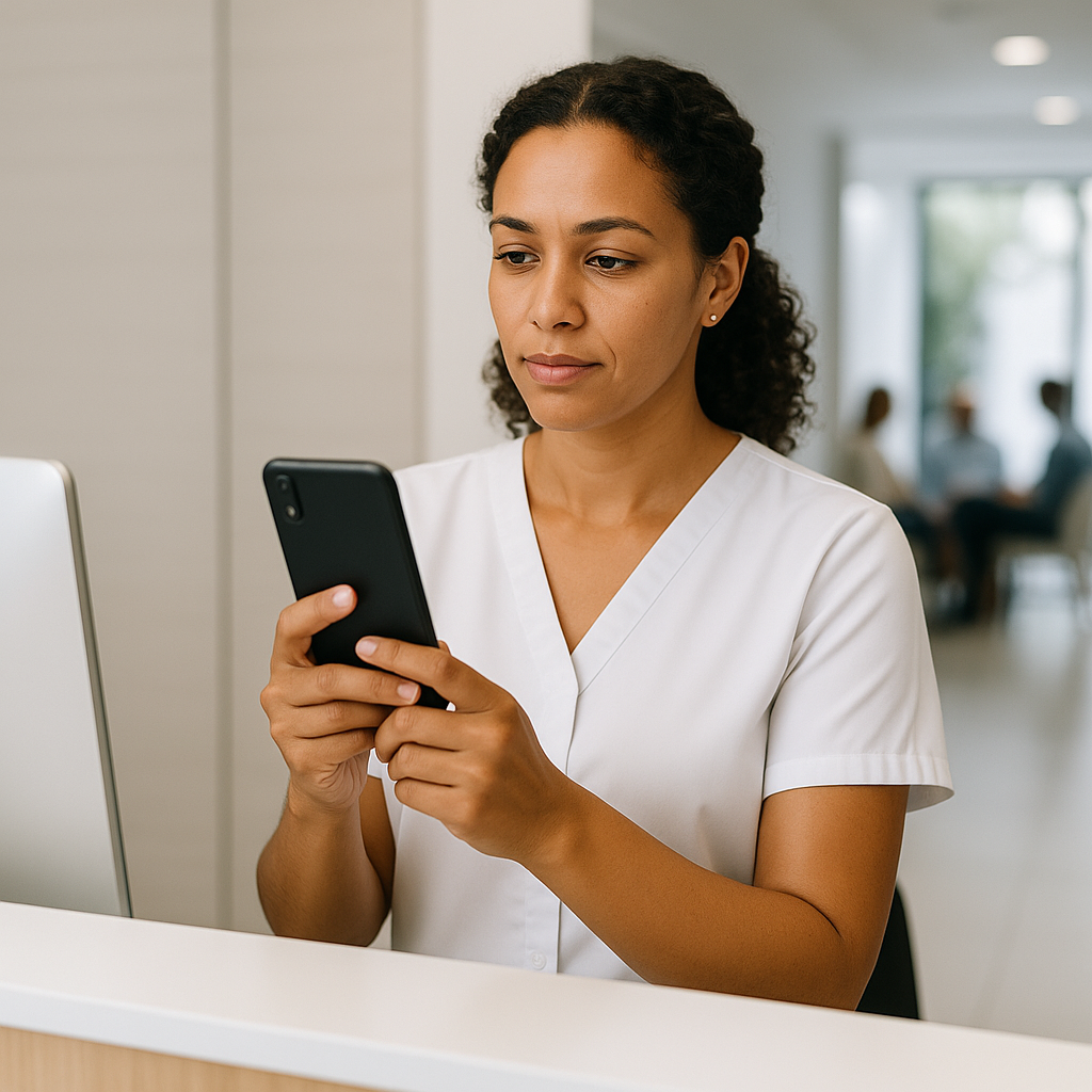 Recepcionista de clínica configurando segurança do celular corporativo no balcão de atendimento