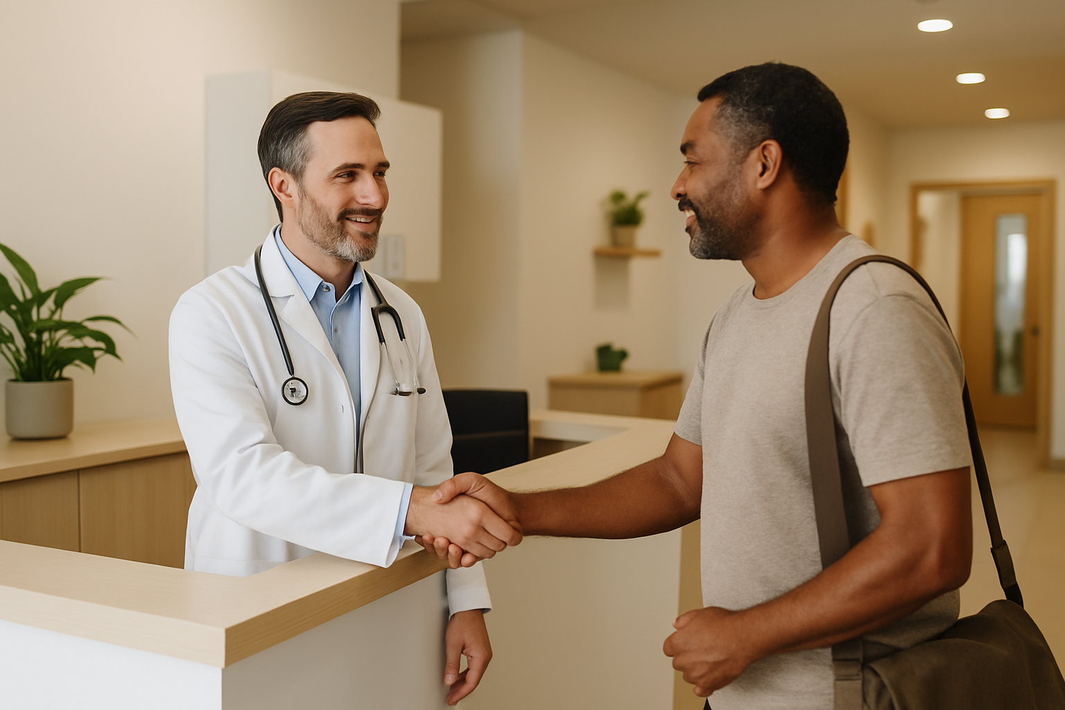 Médico recepcionando paciente em clínica moderna e bem iluminada da região