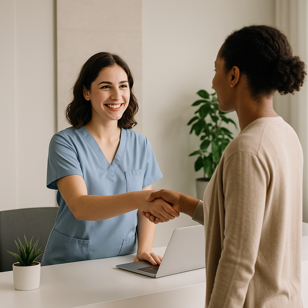 Recepcionista de clínica acolhendo paciente no balcão de atendimento