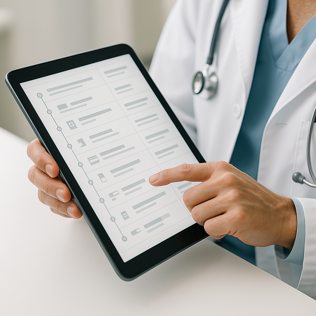Linha do tempo de atendimentos, exames e prescrições de um paciente organizada em uma única tela