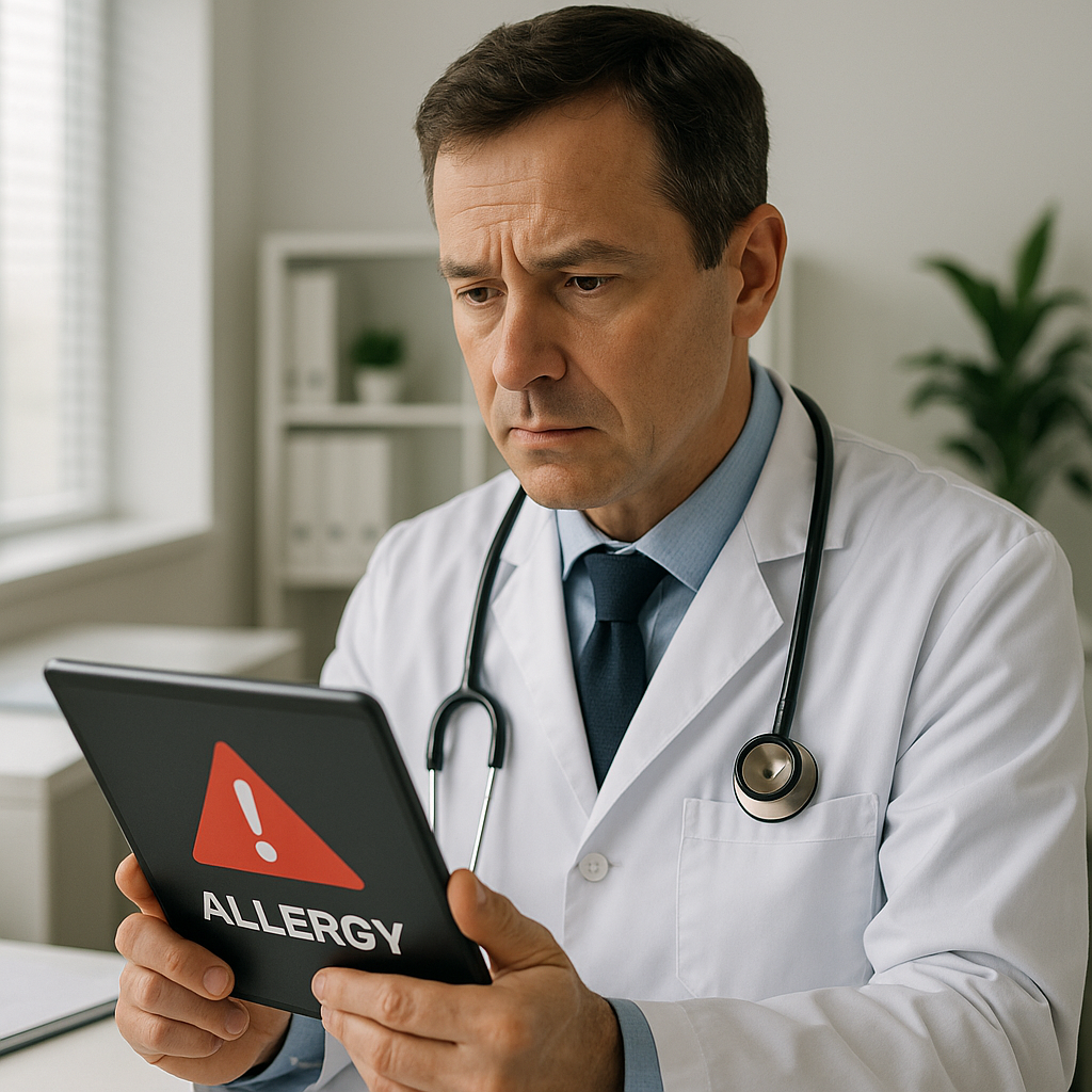 Alerta de alergia medicamentosa visível no início do atendimento em prontuário eletrônico
