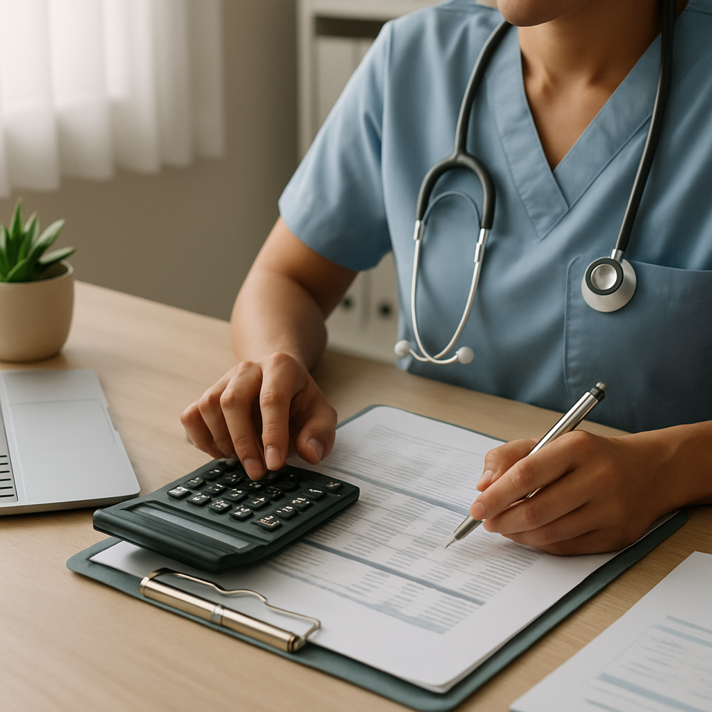 Calculadora e documentos representando o custo mensal de sistemas para clínica