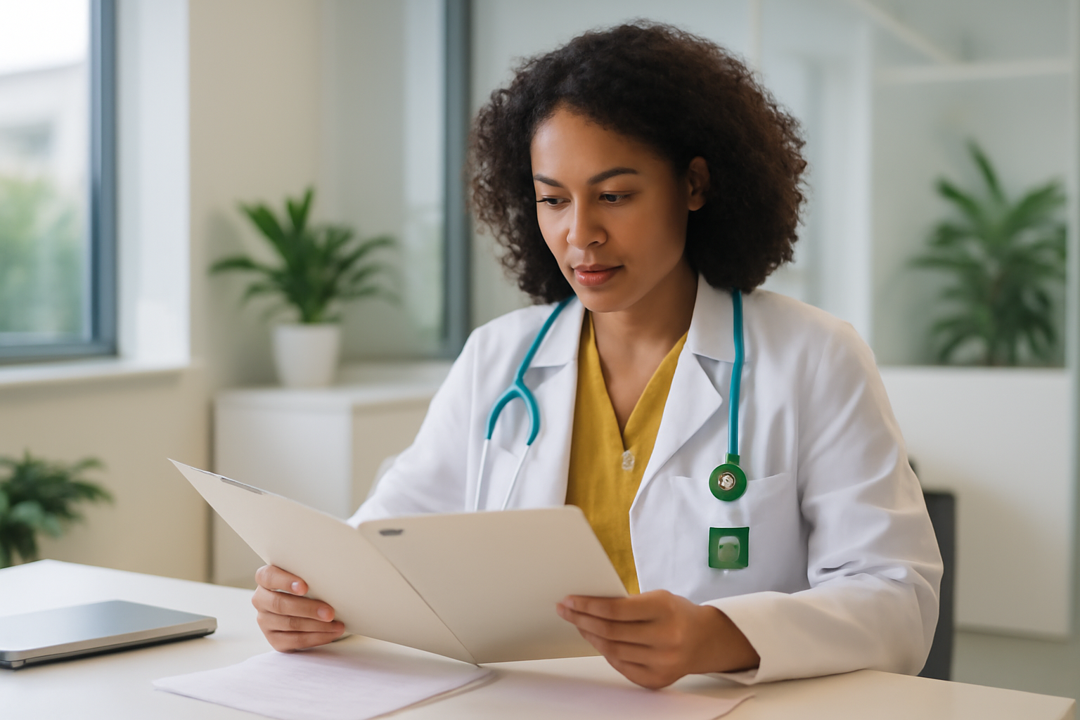 Médica revisando conformidade LGPD em software de gestão clínica em consultório moderno