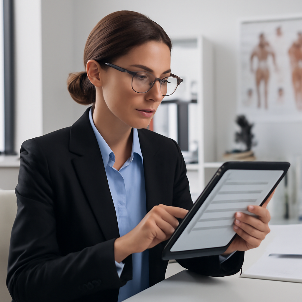 Profissional de saúde verificando checklist de conformidade LGPD em tablet em ambiente clínico
