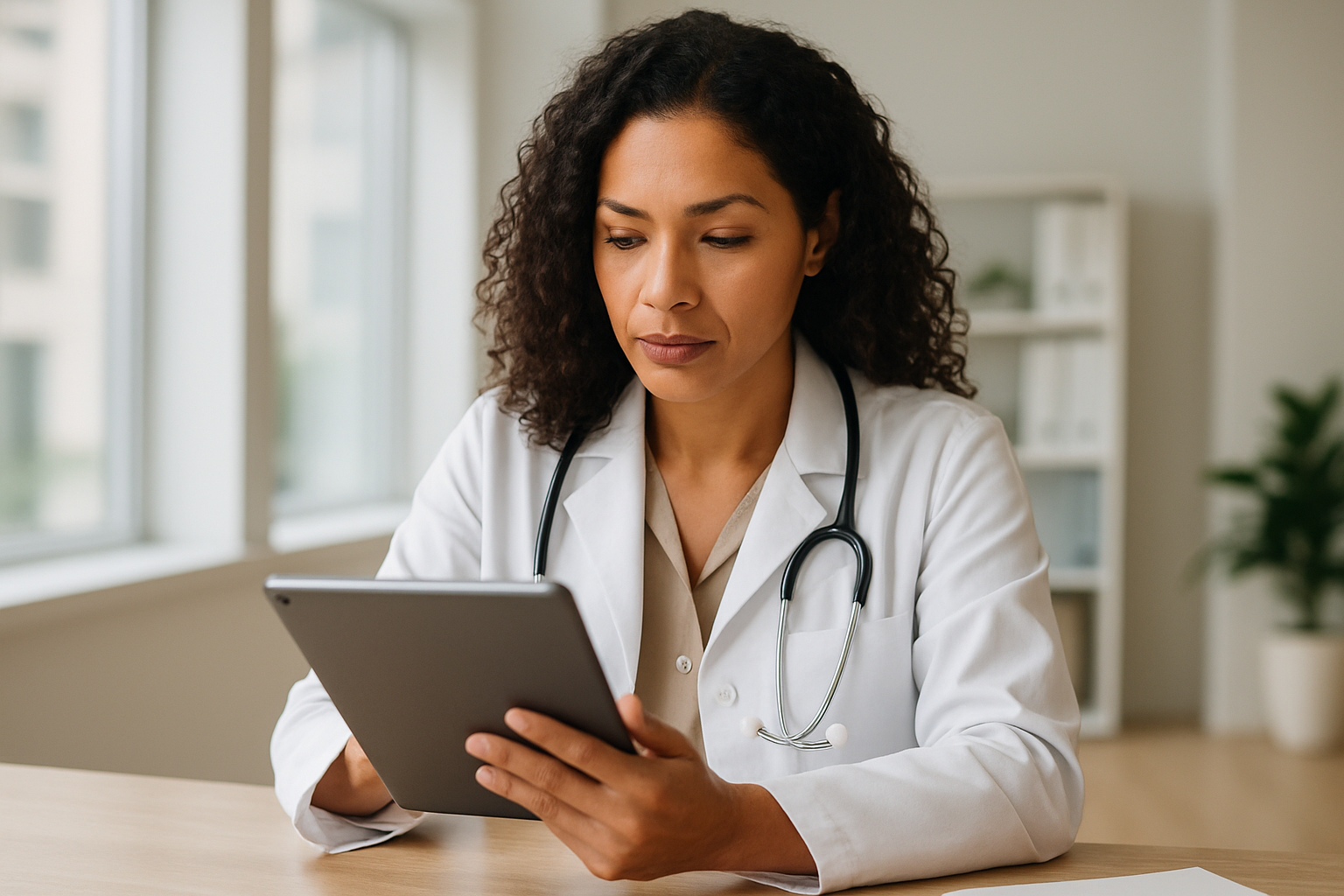 Médica revisando estratégia de marketing digital em tablet no consultório