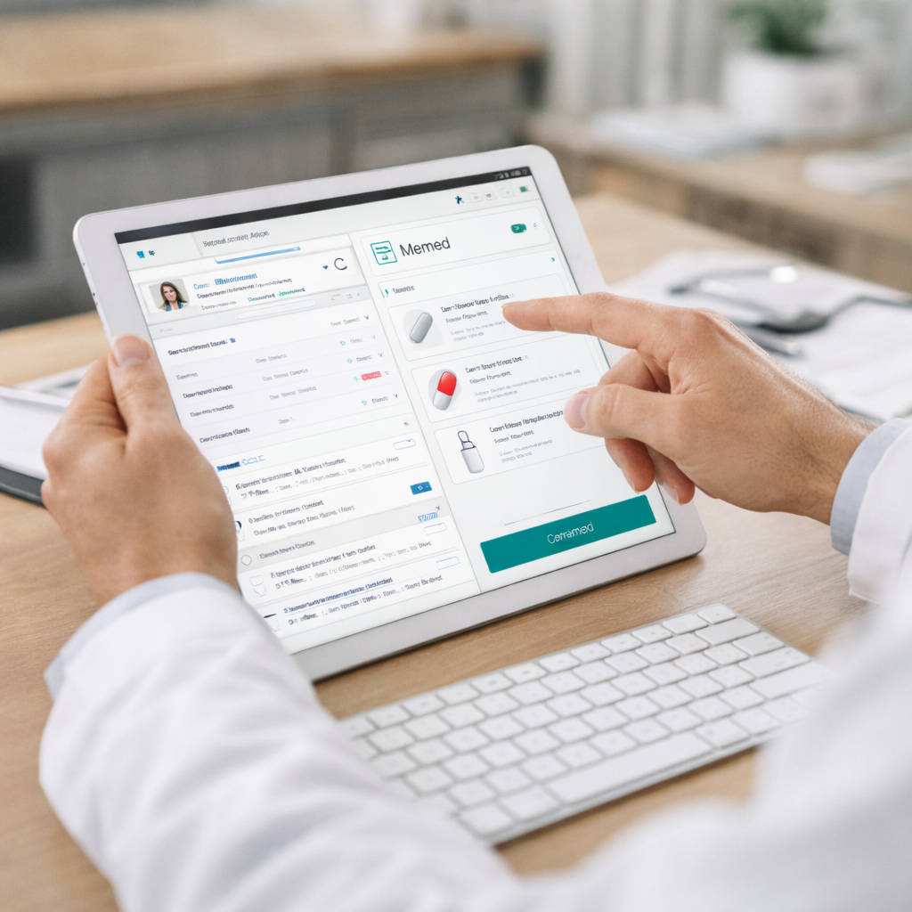 Médico acessando prontuário eletrônico gratuito em tablet em consultório iluminado