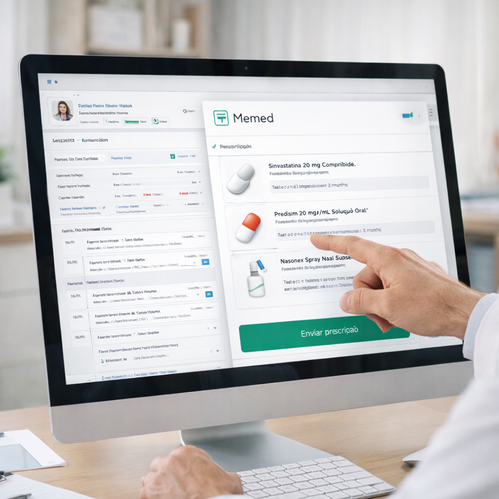 Médico analisando relatório de consultório em software de gestão clínica no computador