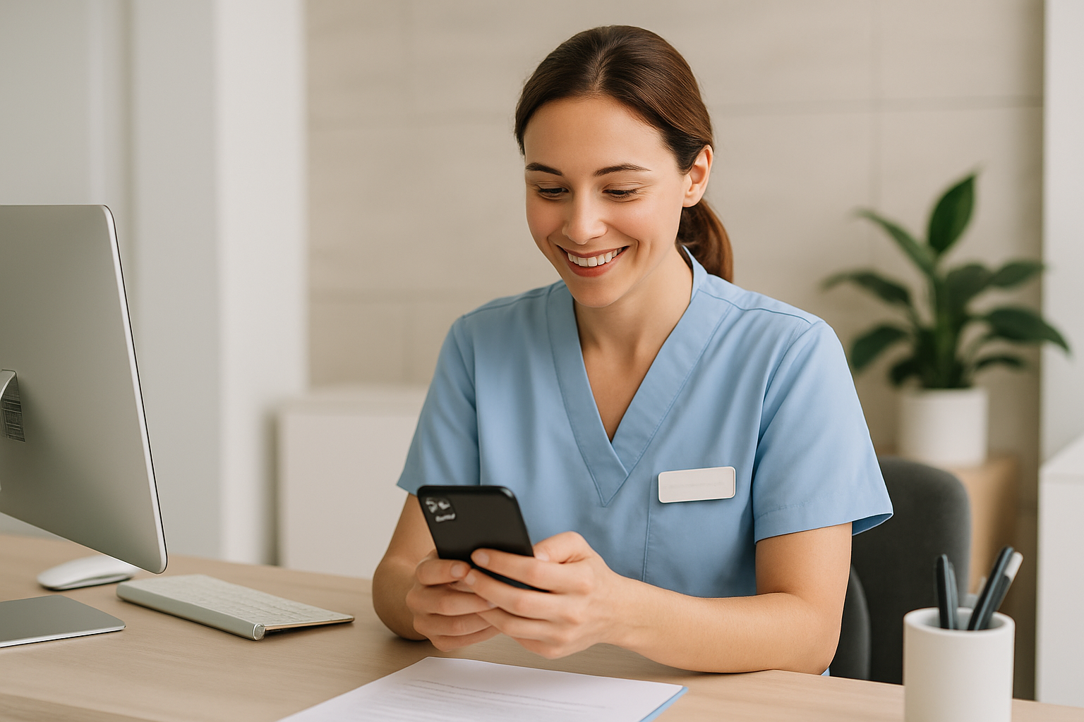 Recepcionista de clínica enviando mensagem de WhatsApp para paciente pelo celular