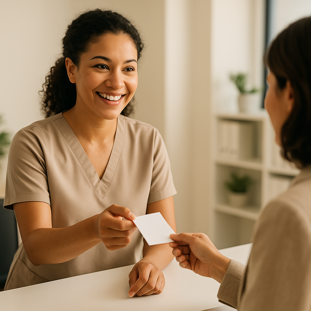 Recepcionista de clínica entregando comprovante de atendimento para paciente no balcão