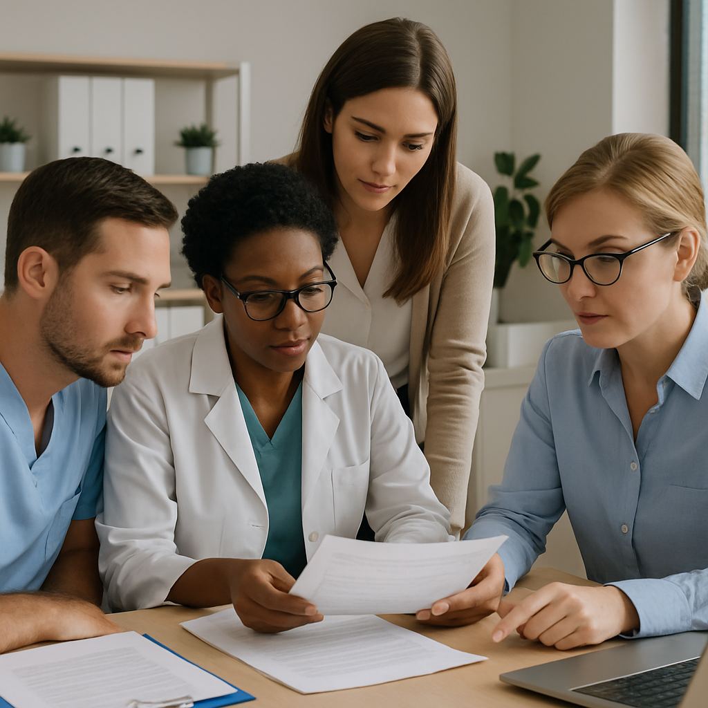 Equipe de clínica revisando faturamento de convênios em ambiente organizado