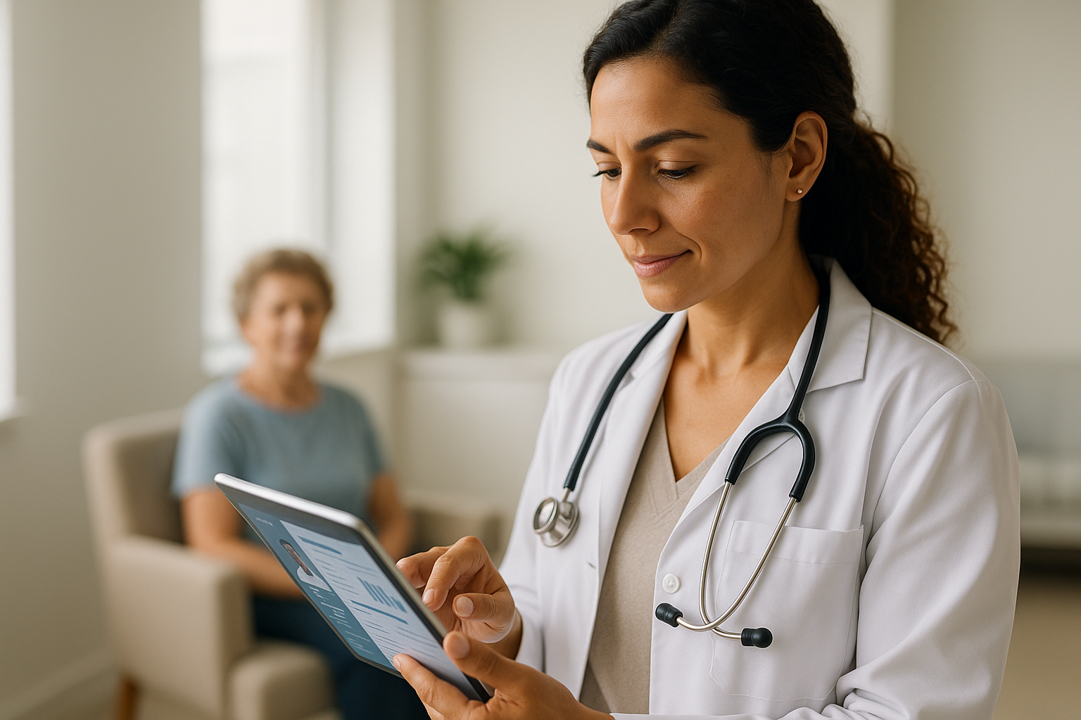 Médica acessando portal do paciente em tablet durante consulta em clínica moderna