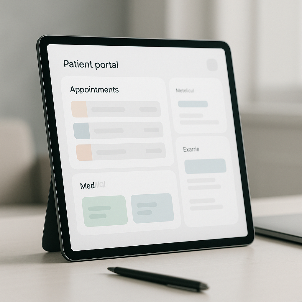Tela de portal do paciente mostrando agenda, exames e mensagens em interface clara