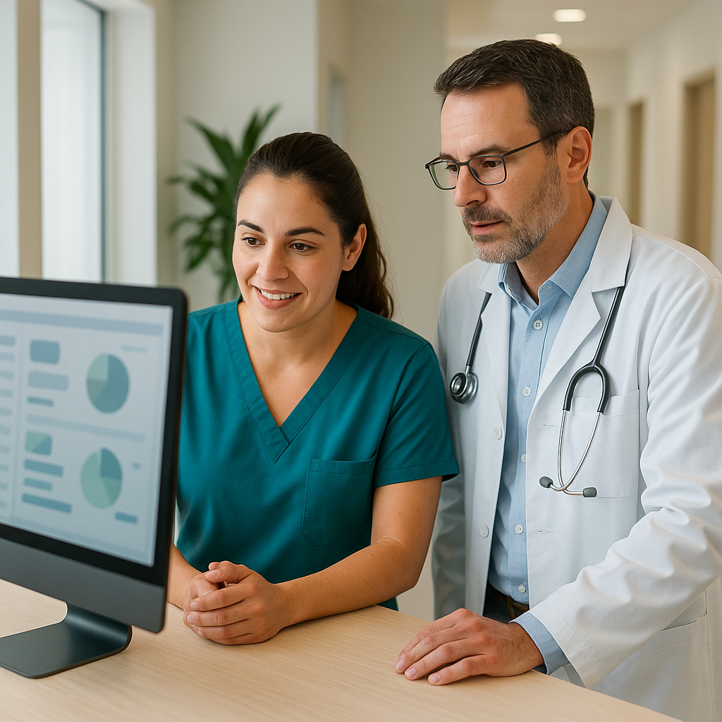 Equipe de clínica médica revisando painel de portal do paciente em computador de mesa