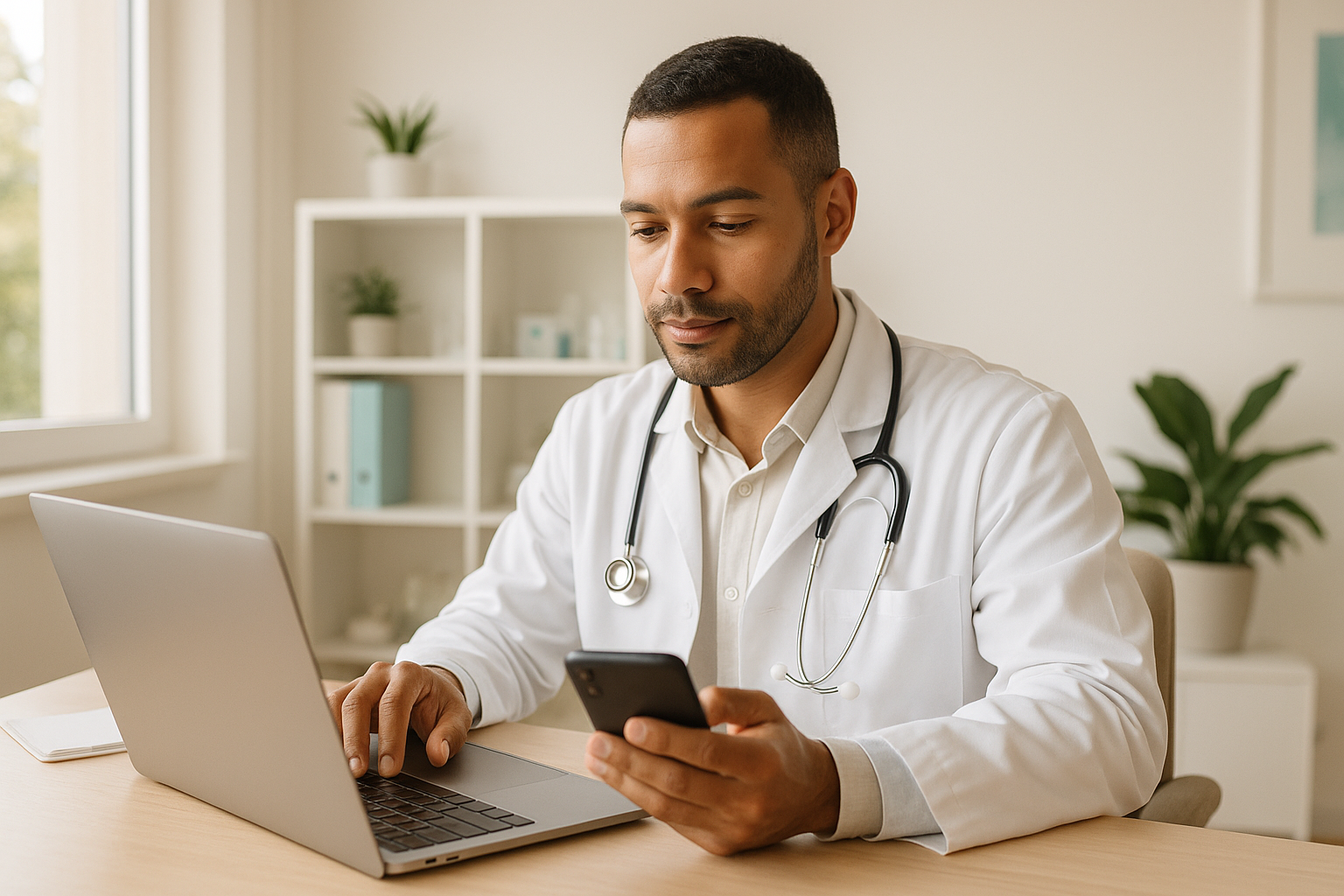 Médico usando sistema de gestão em notebook e celular no consultório