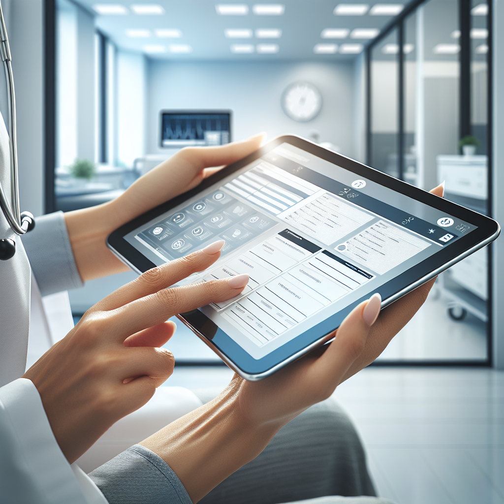 Profissional de saúde preenchendo prontuário eletrônico em tablet em consultório