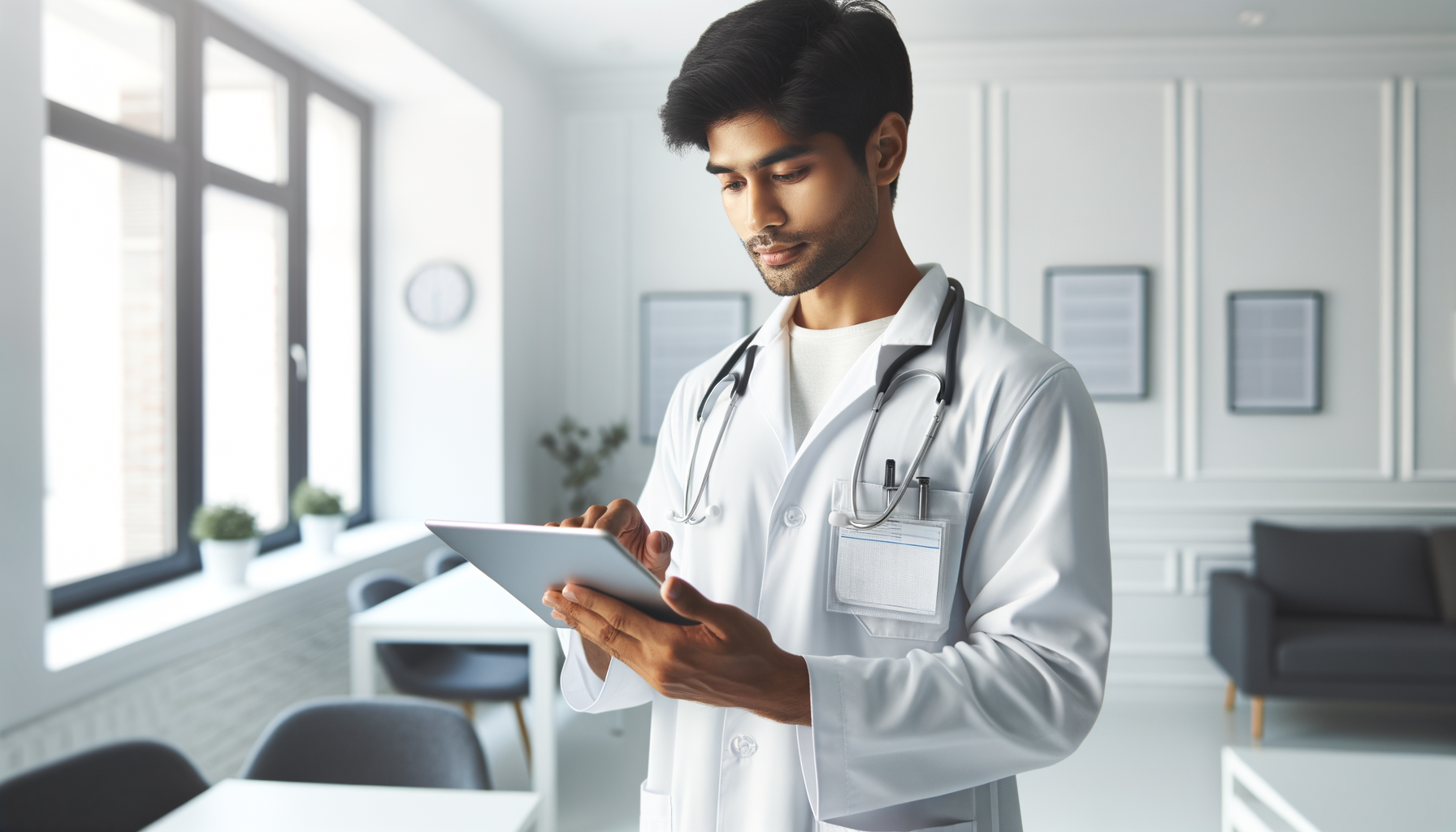 Médico acessando prontuário eletrônico em tablet em consultório moderno iluminado