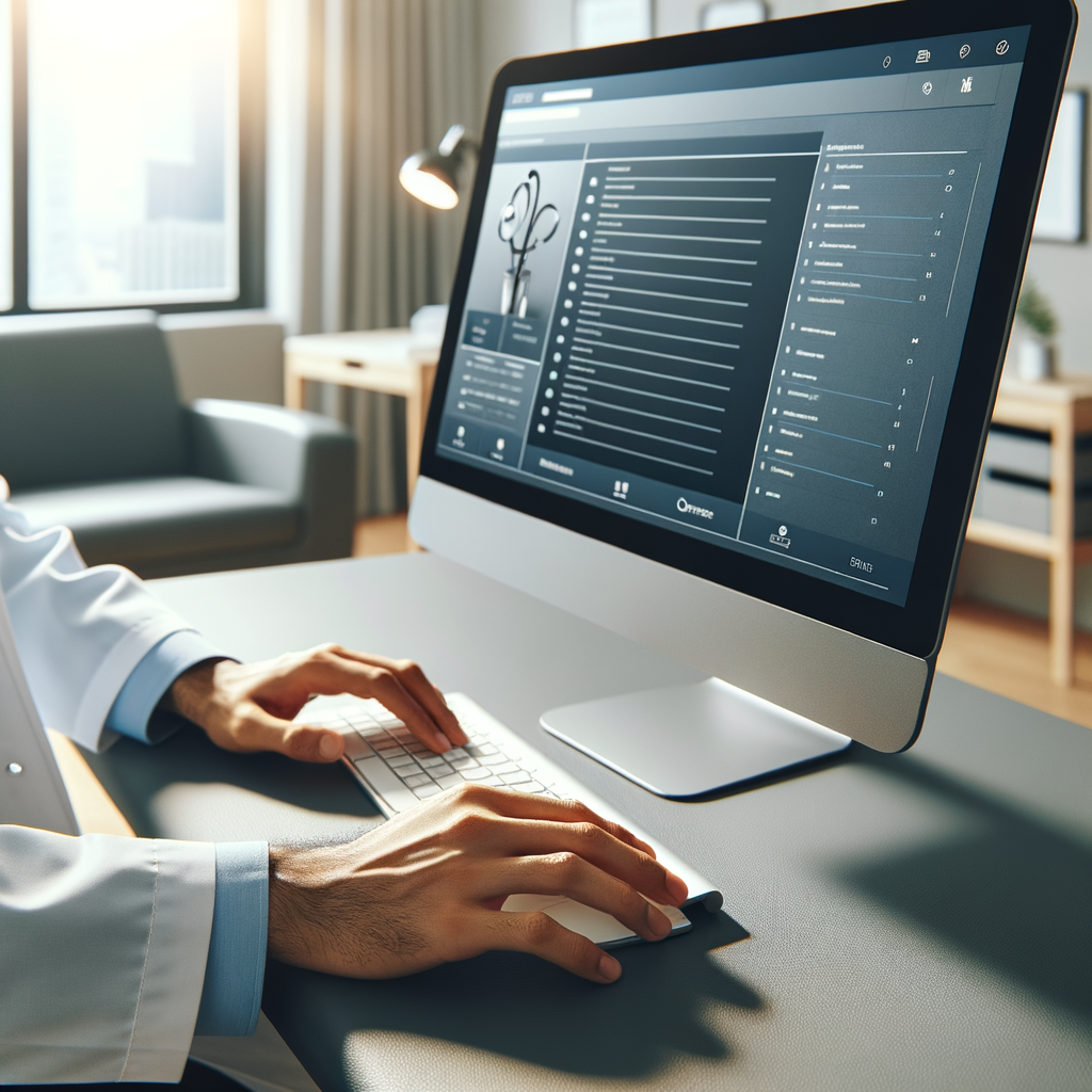 Tela de software de prontuário eletrônico aberta em computador de mesa em clínica