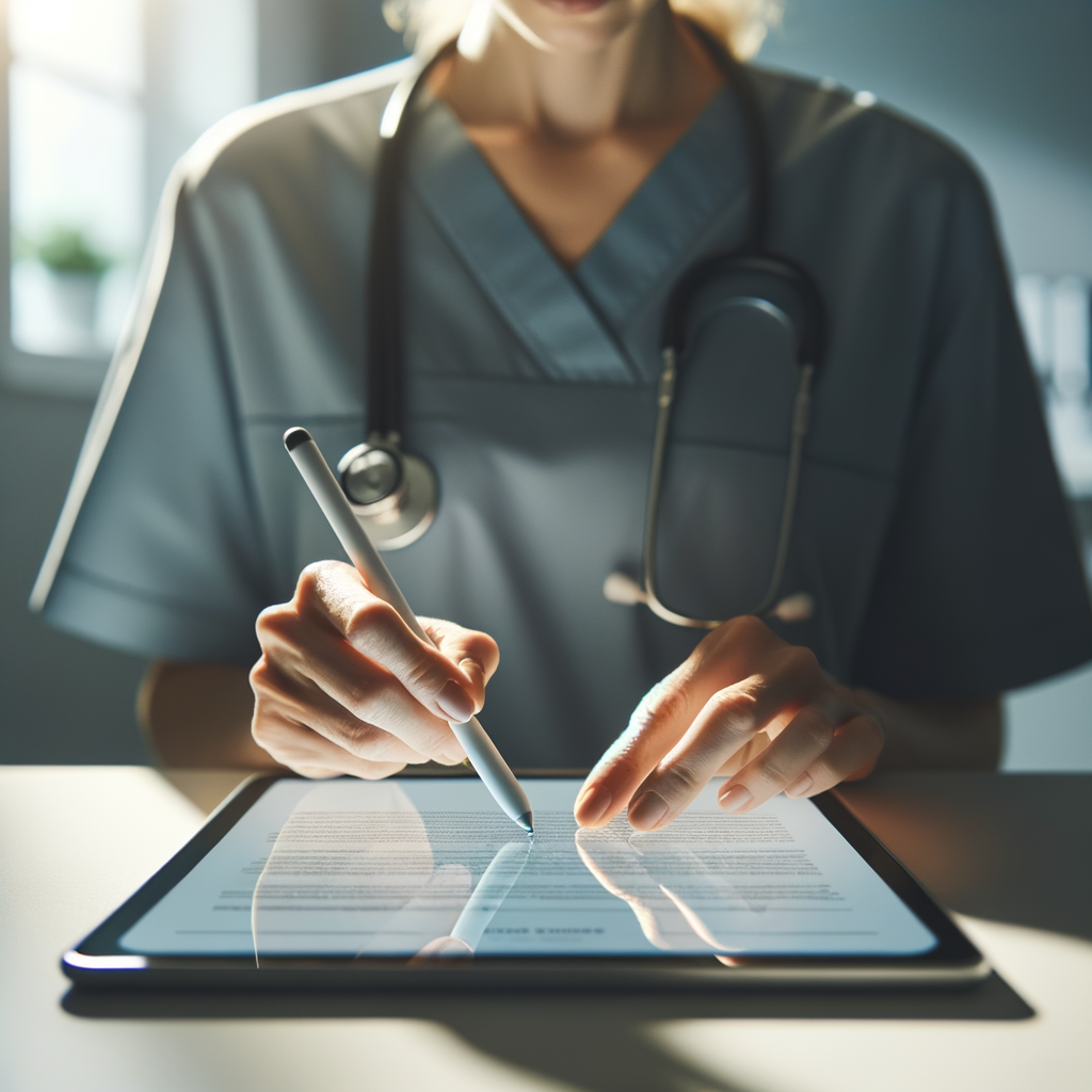 Profissional de saúde assinando documento digital com certificado em tablet em ambiente clínico