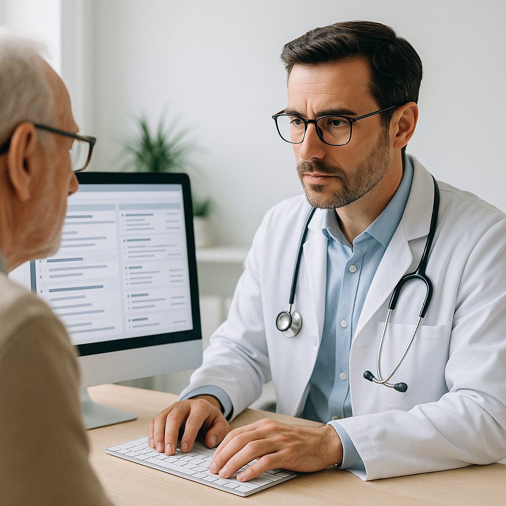Médico registrando evolução clínica e prescrição em prontuário eletrônico durante consulta