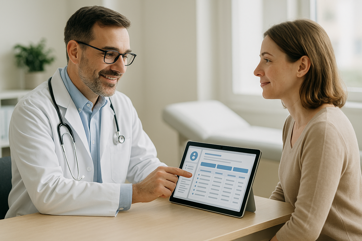 Médico usando um único painel de prontuário eletrônico durante a consulta