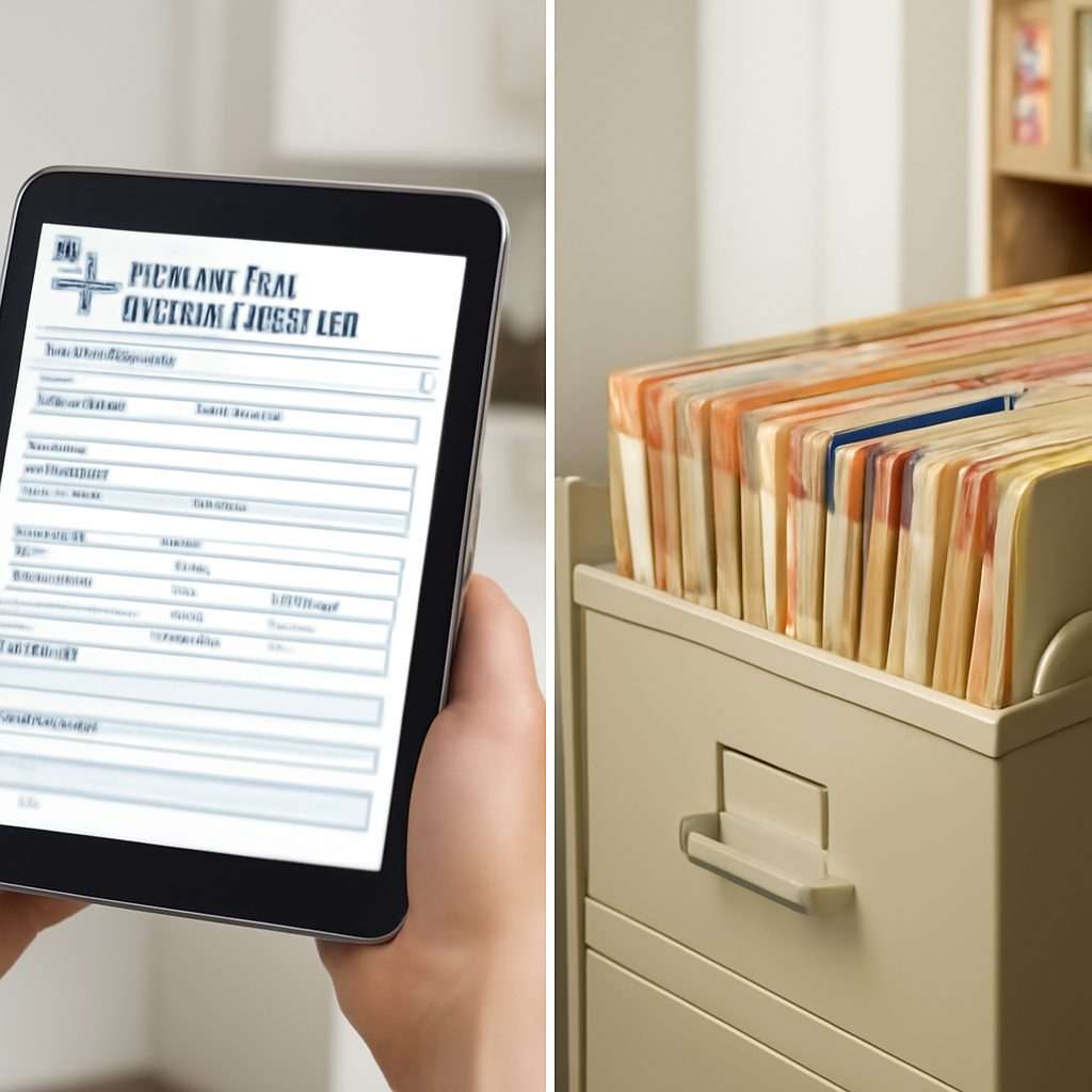 Tabela comparativa entre prontuário eletrônico e prontuário em papel exibida em tela de computador em clínica médica