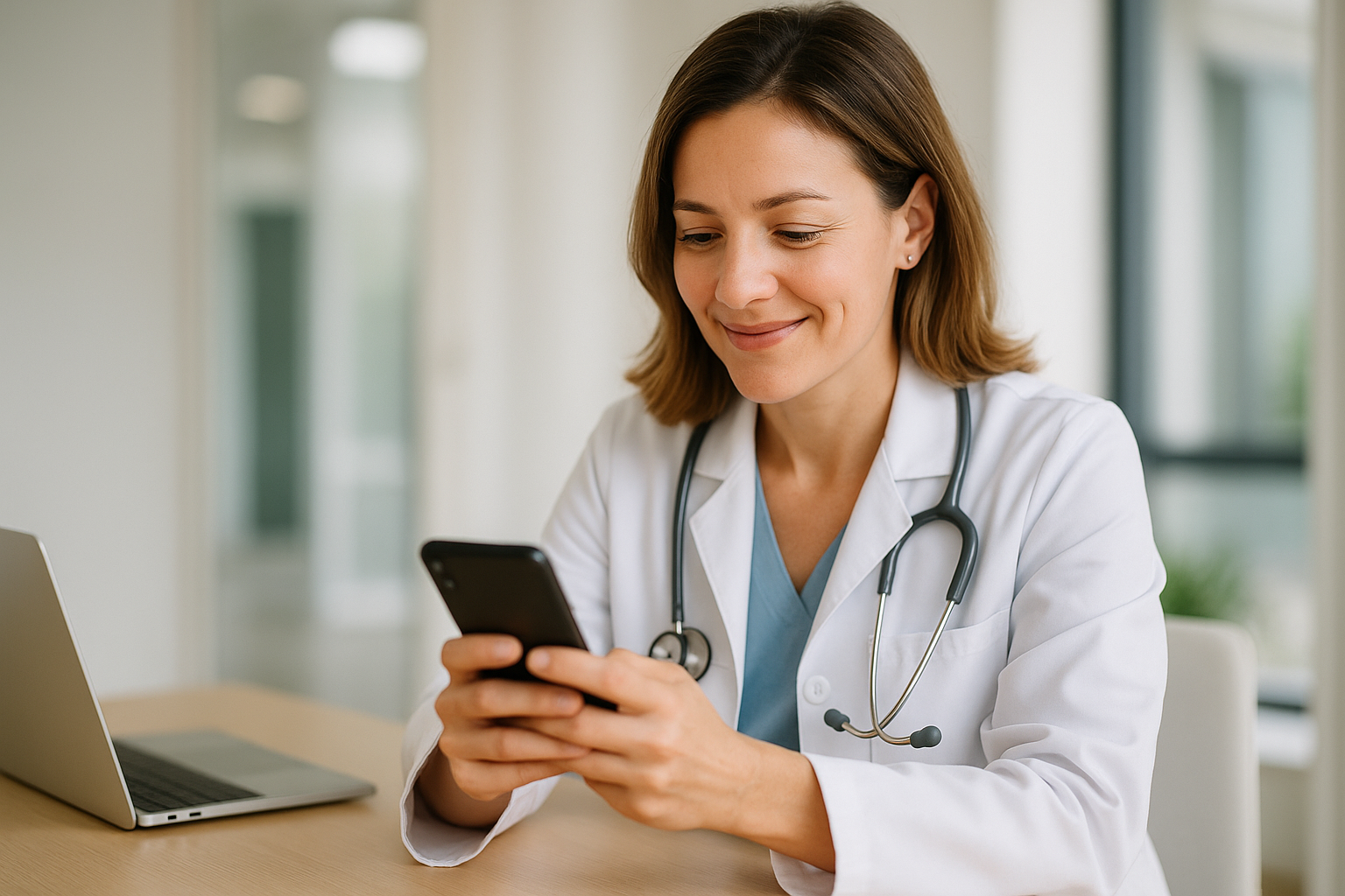 Profissional de saúde usando smartphone para gerenciar confirmações de consulta pelo WhatsApp na clínica