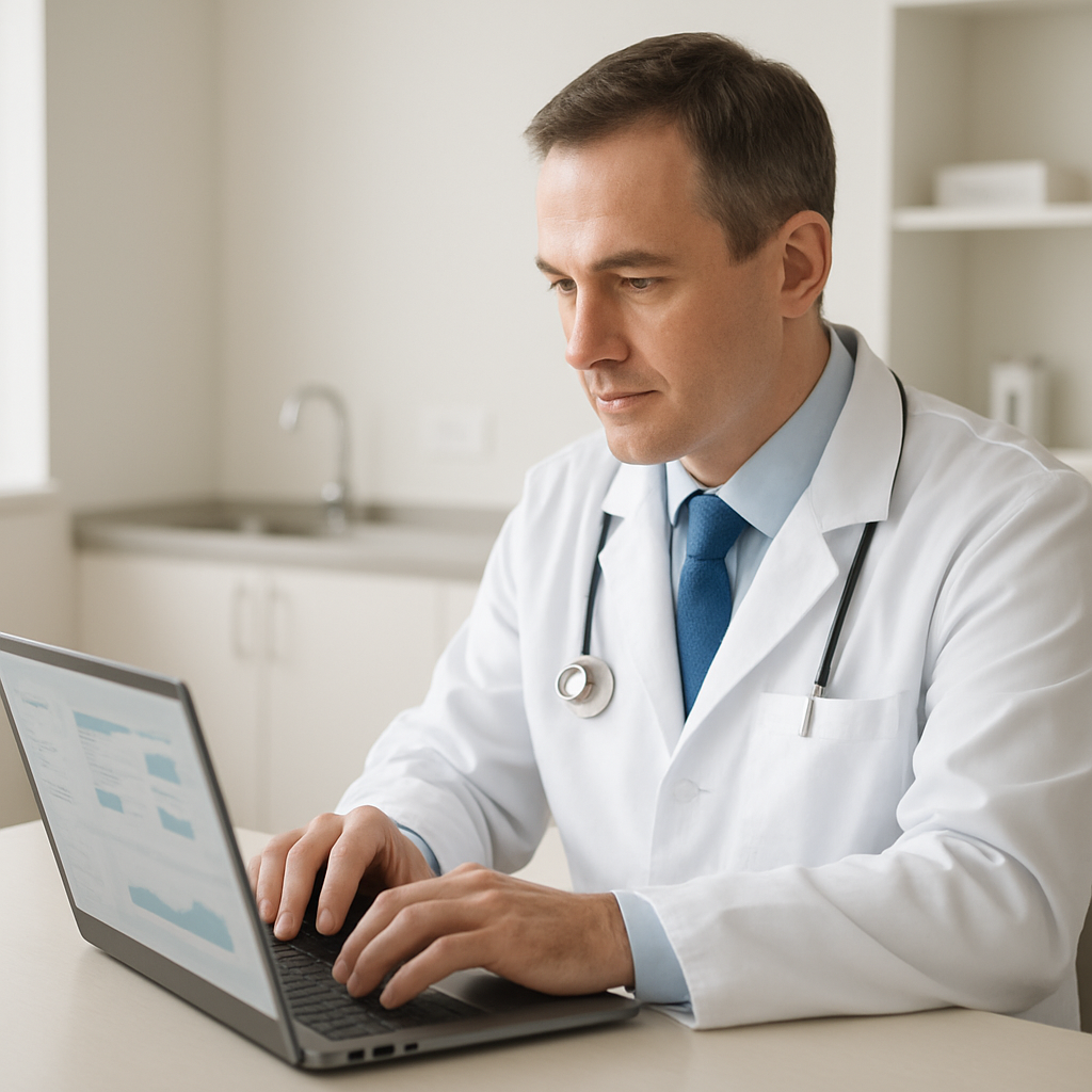 Profissional de saúde comparando sistemas de gestão para clínicas em notebook moderno
