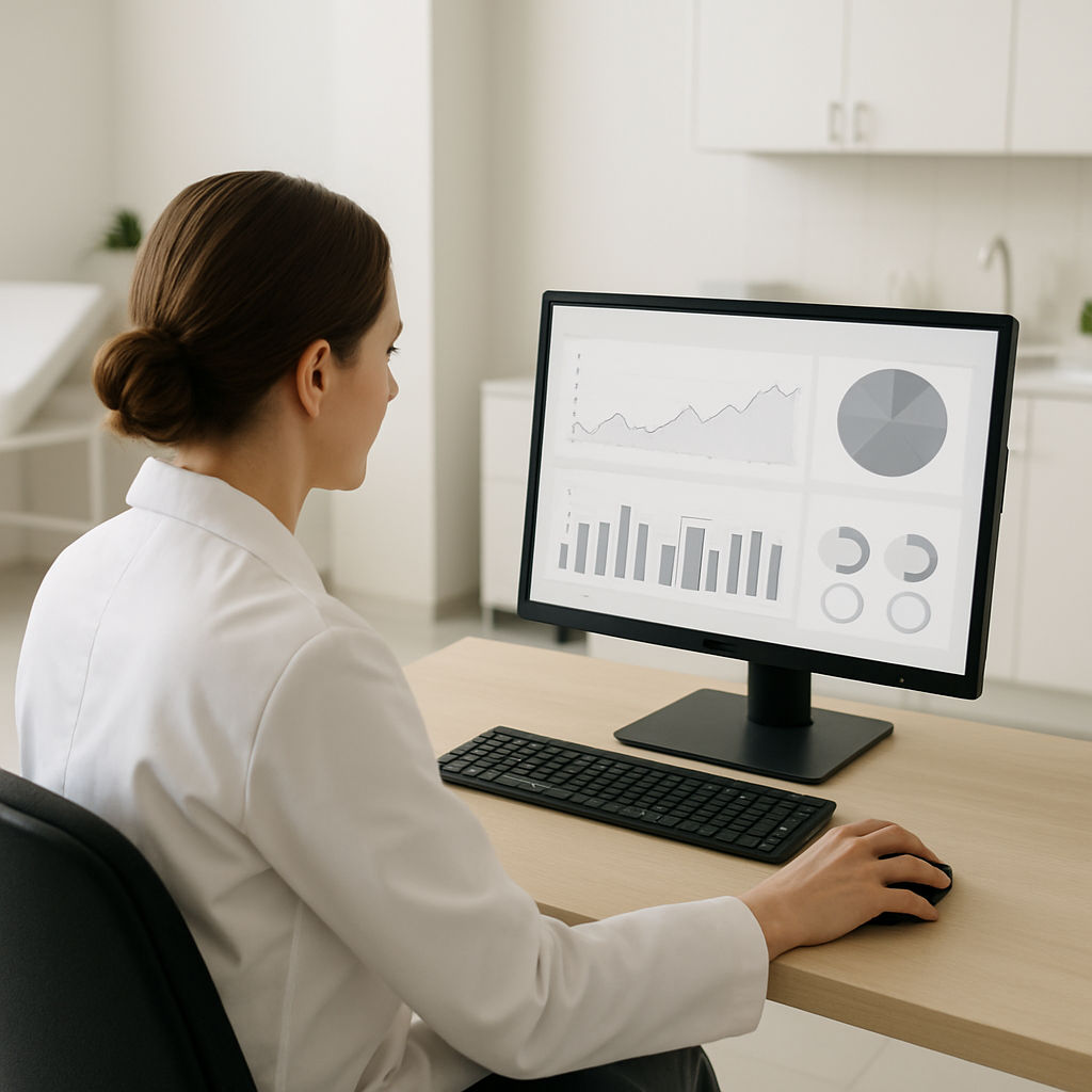 Gestora de clínica médica analisando painel de controle de sistema de gestão em monitor