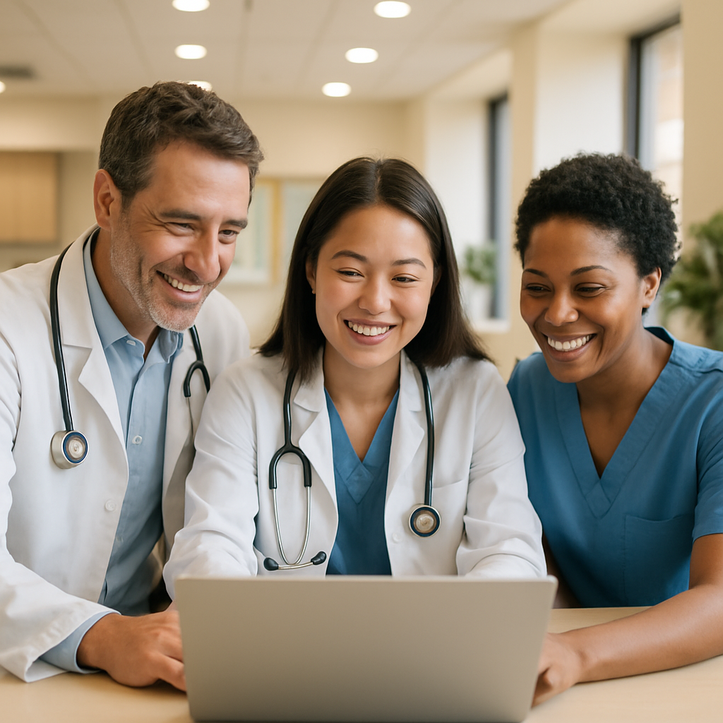 Equipe médica usando sistema de gestão clínica em tablet durante reunião de equipe