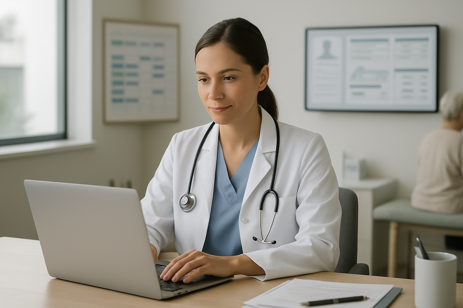 Profissional de saúde usando sistema médico integrado em consultório moderno