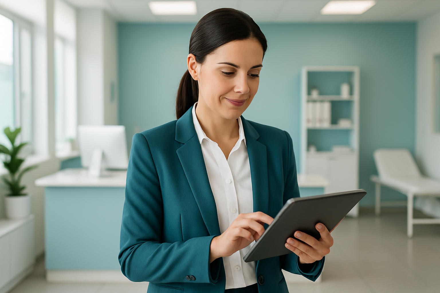 Profissional de saúde acessando sistema médico na nuvem em tablet em consultório moderno