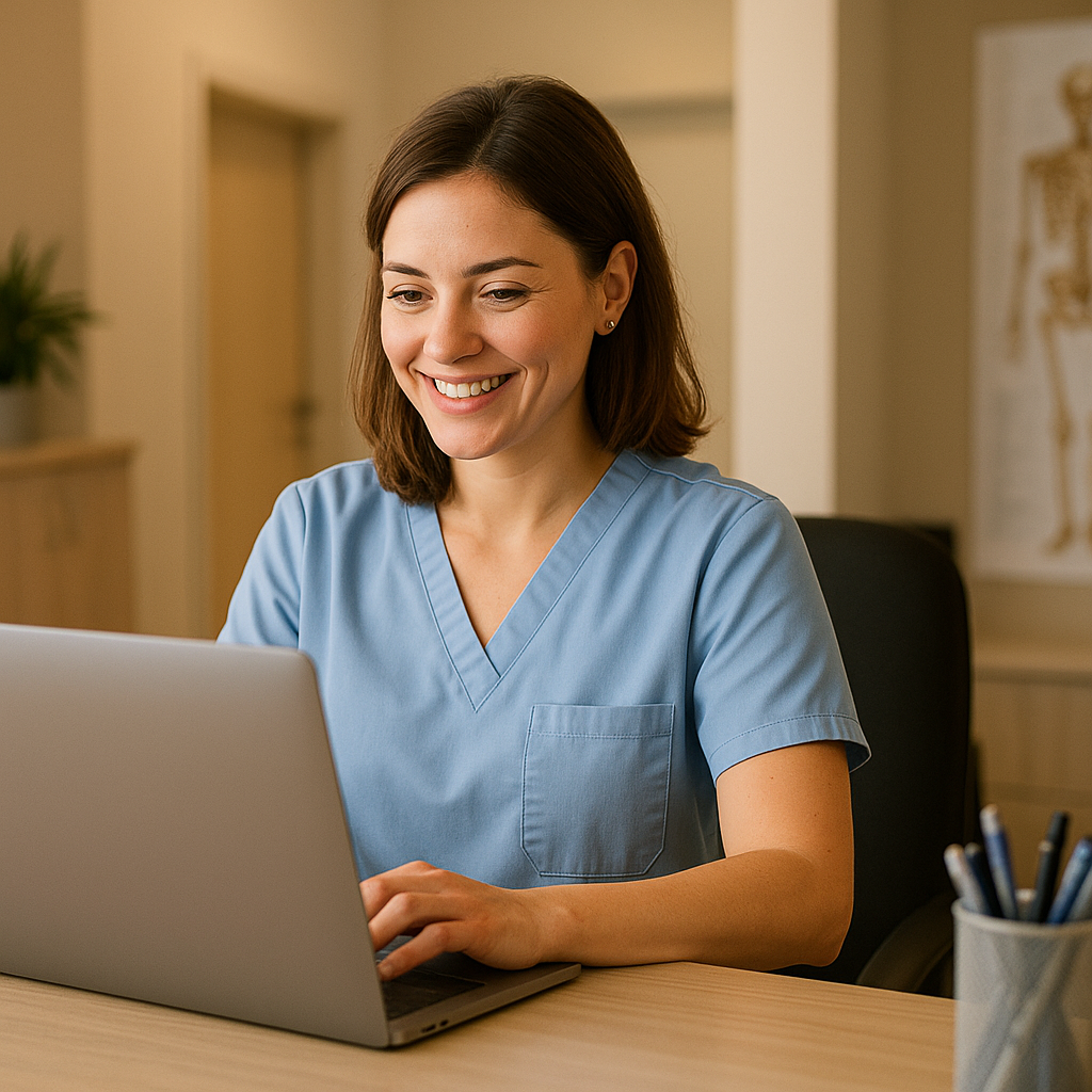 Médico usando sistema de gestão clínica em notebook com interface de prontuário eletrônico na nuvem