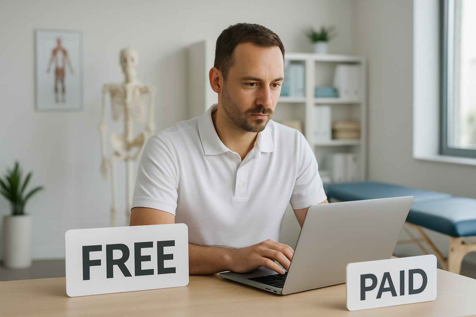 Fisioterapeuta avaliando opções de sistema de gestão em notebook na recepção da clínica