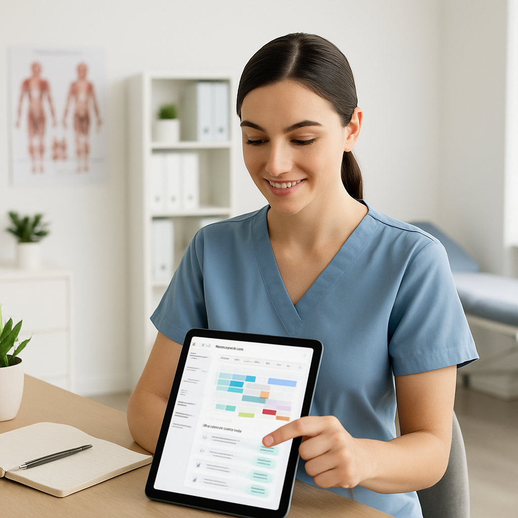 Recepcionista organizando agenda de sessões de fisioterapia em sistema digital na clínica