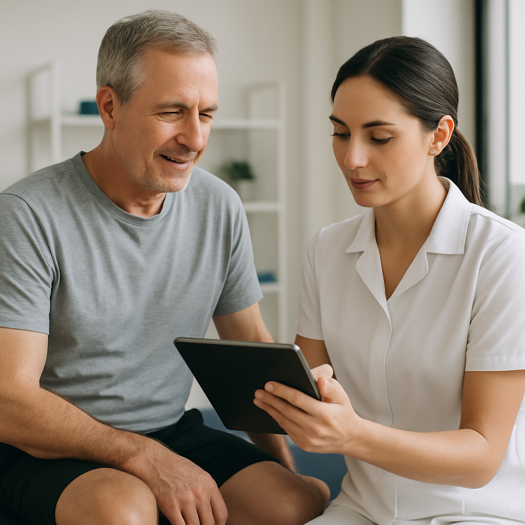 Fisioterapeuta registrando evolução de sessão no prontuário eletrônico em tablet
