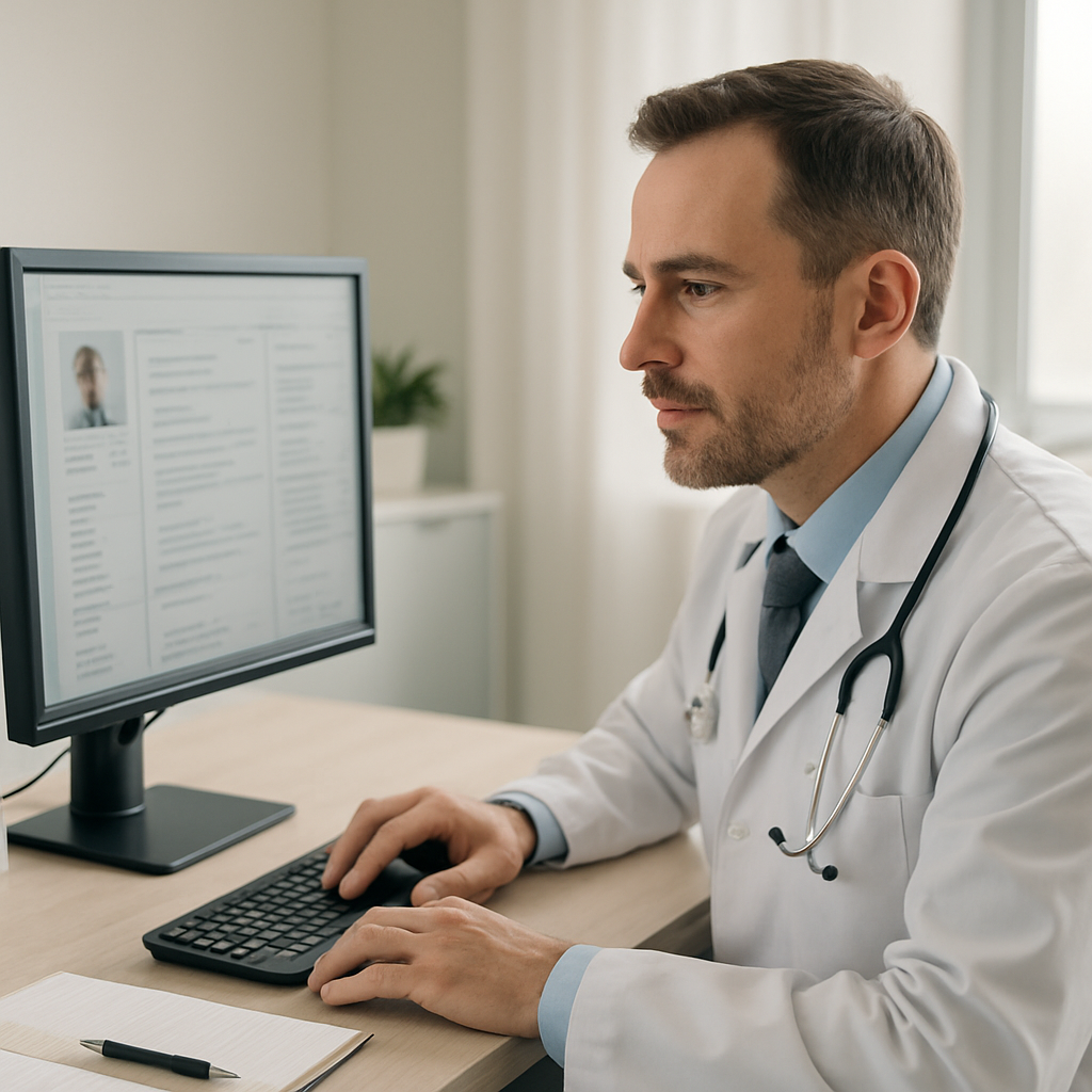 Médico revisando prontuário eletrônico e agenda integrada em computador do consultório