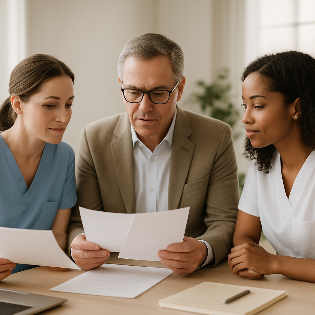 Gestora de clínica comparando planos de sistema em reunião com a equipe