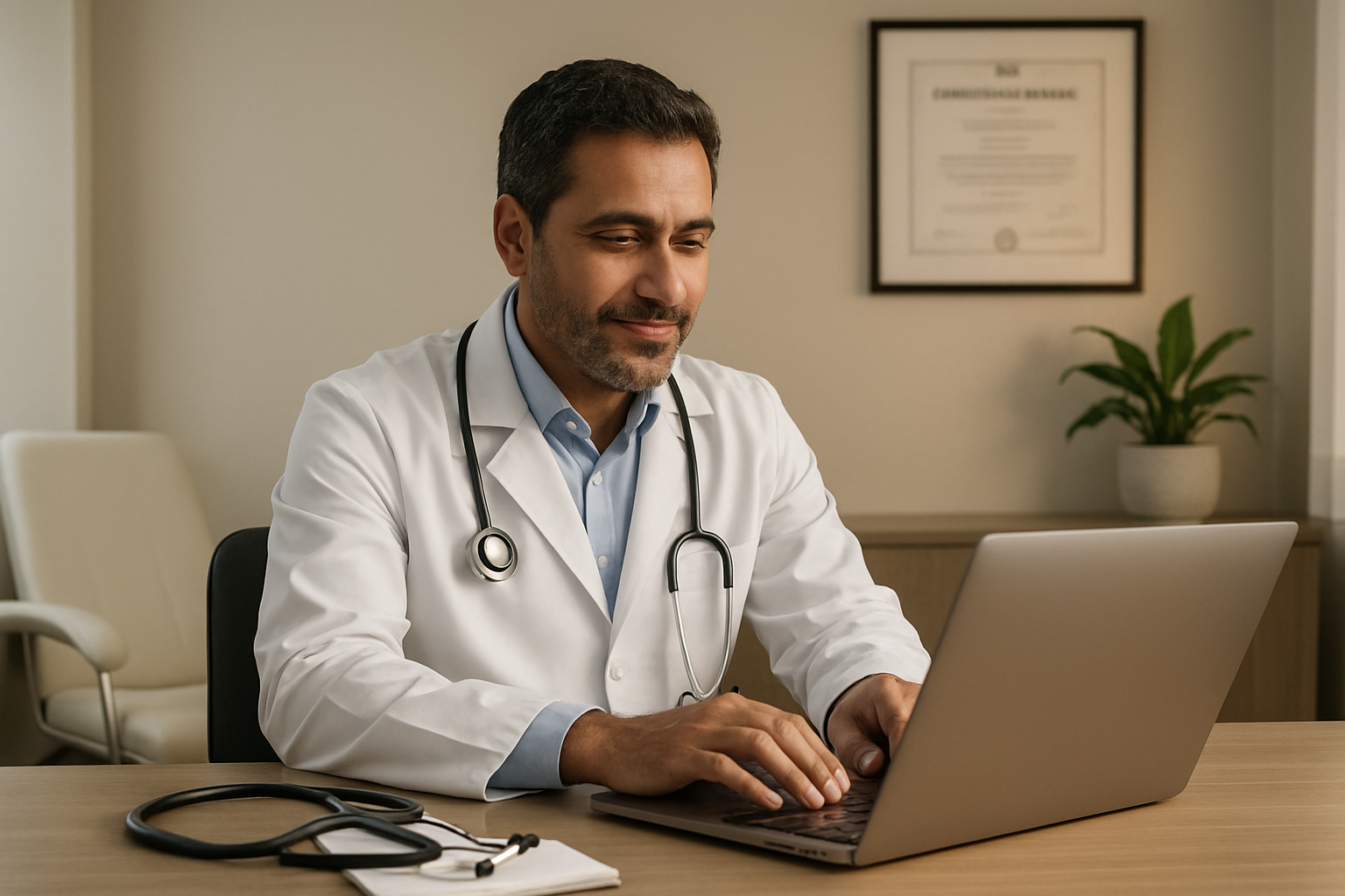 Médico trabalhando em seu consultório com sistema de gestão médica aberto no computador