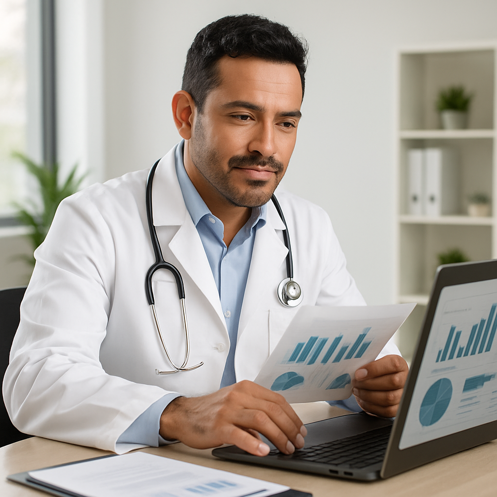 Médico analisando relatório financeiro do consultório em notebook com dados organizados