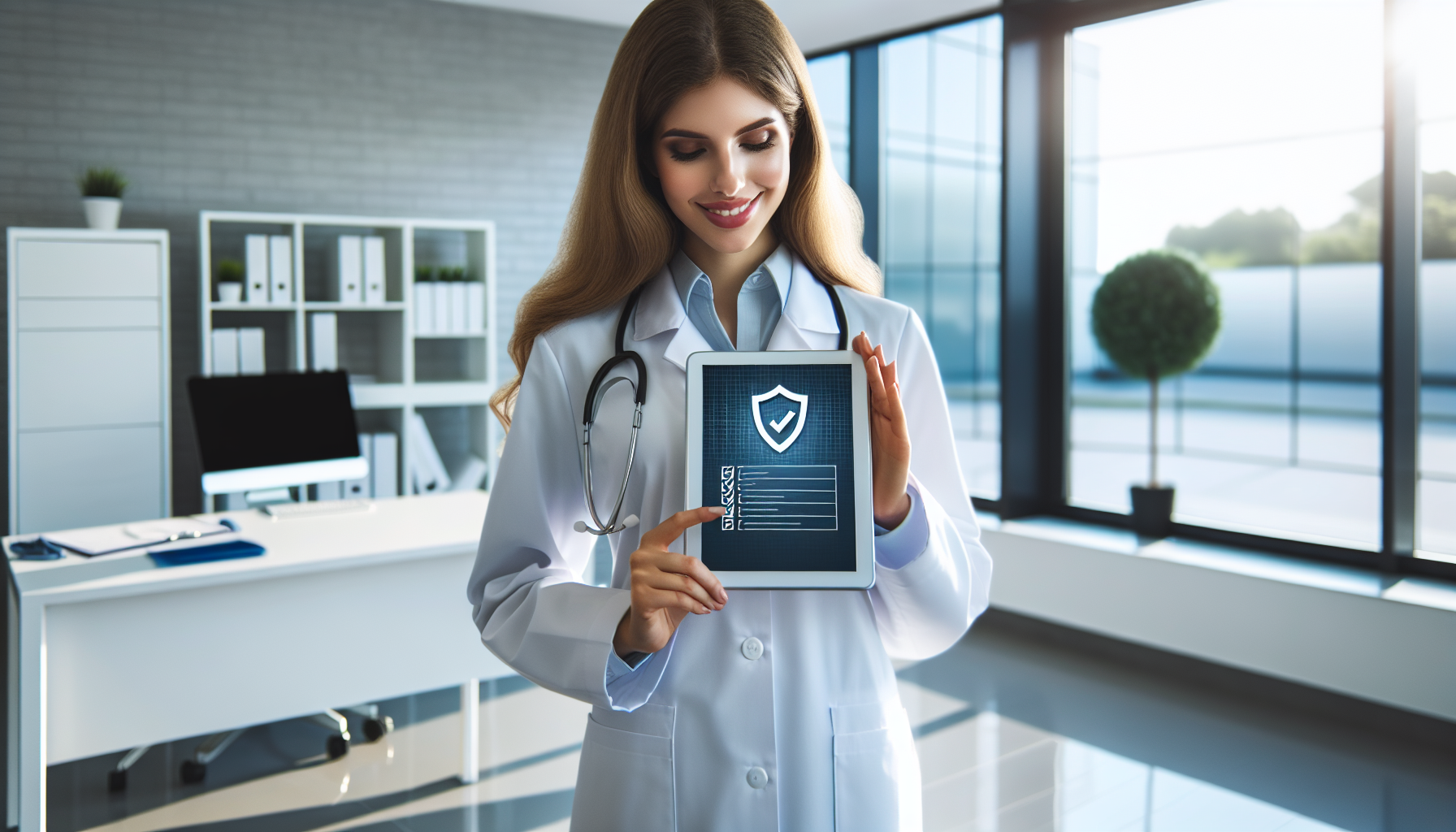 Médica verificando checklist de conformidade LGPD em tablet, com ícones de cadeado e proteção de dados ao fundo