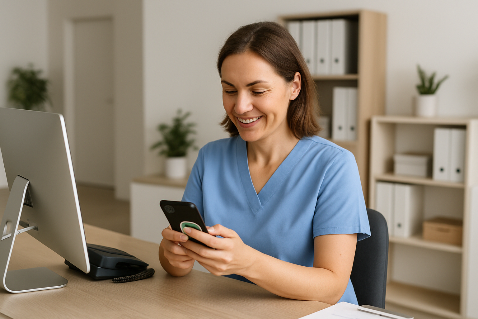 Recepcionista de clínica enviando mensagem de confirmação pelo celular
