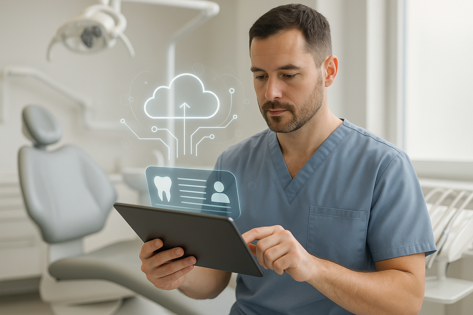 Dentista usando software odontológico em tablet em consultório moderno