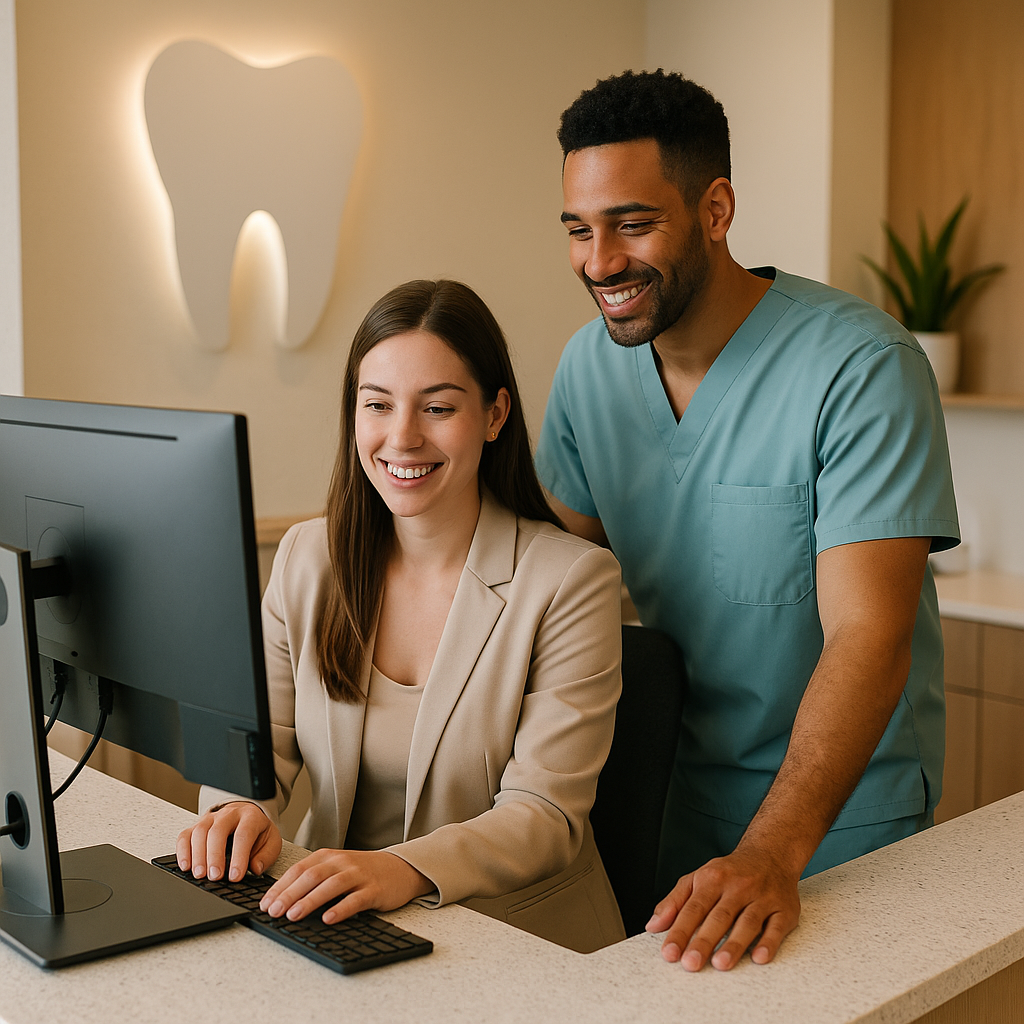Equipe odontológica colaborando com sistema de gestão compartilhado em tela