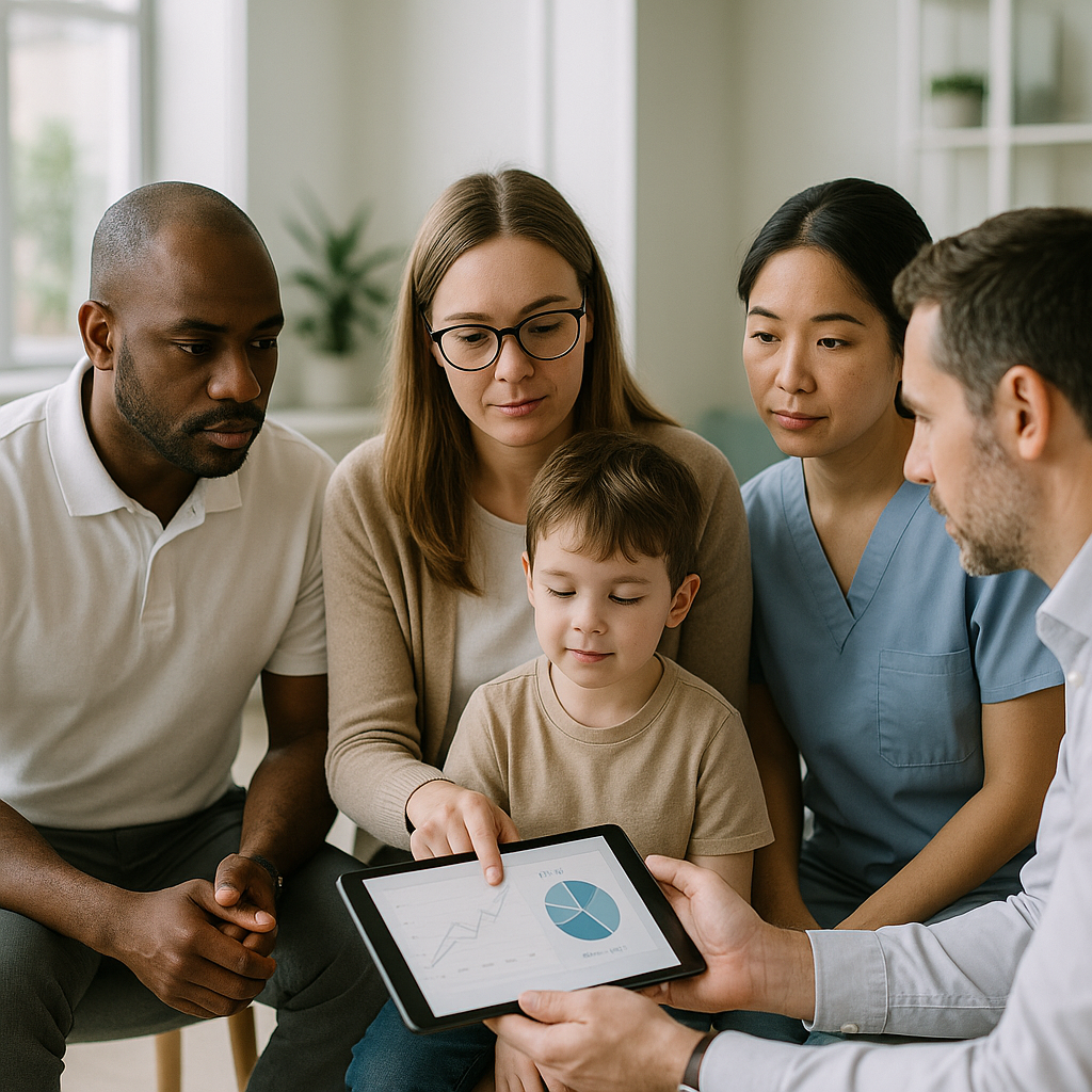 Equipe multidisciplinar analisando gráficos de evolução de terapia em reunião