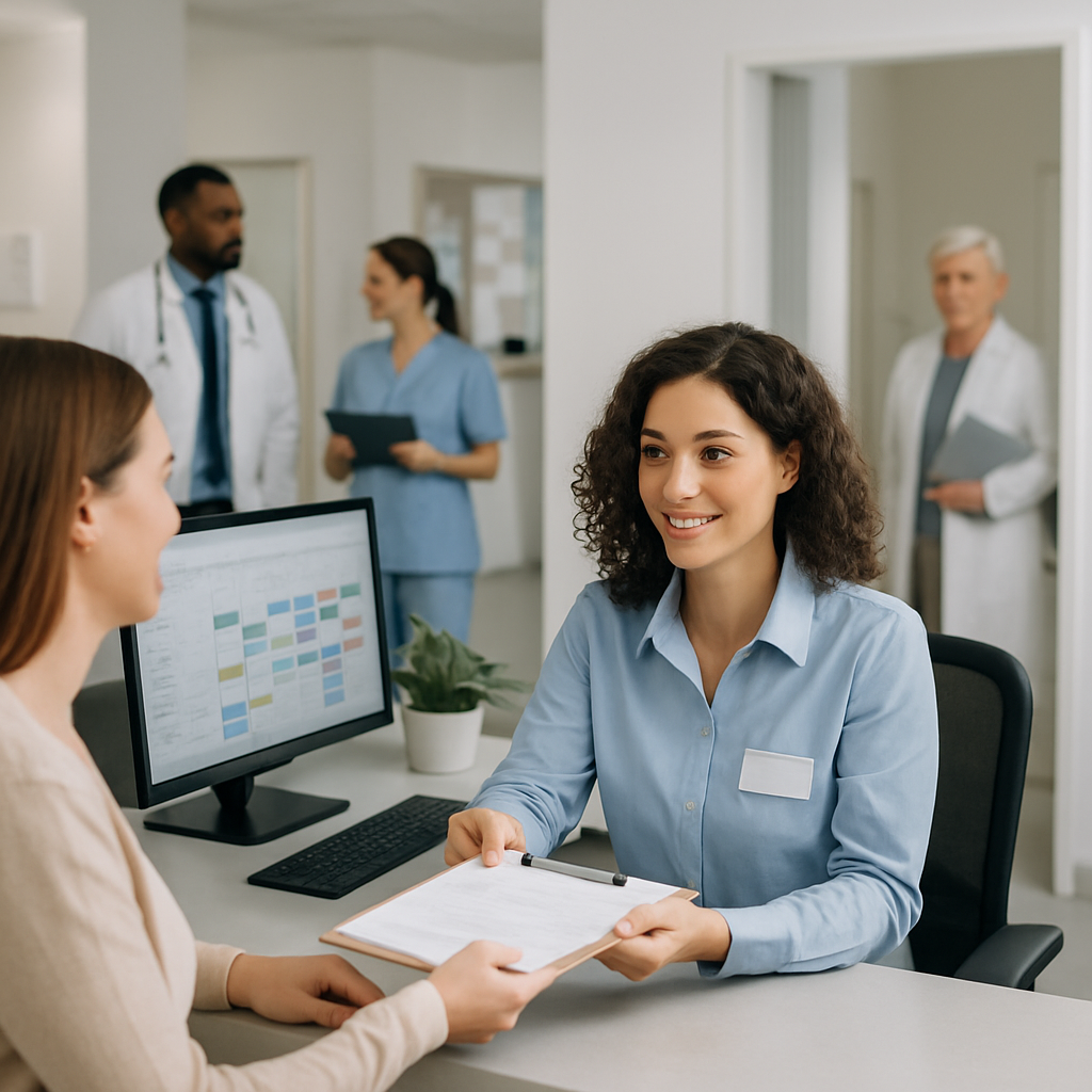 Recepcionista atendendo paciente em clínica movimentada com agenda organizada